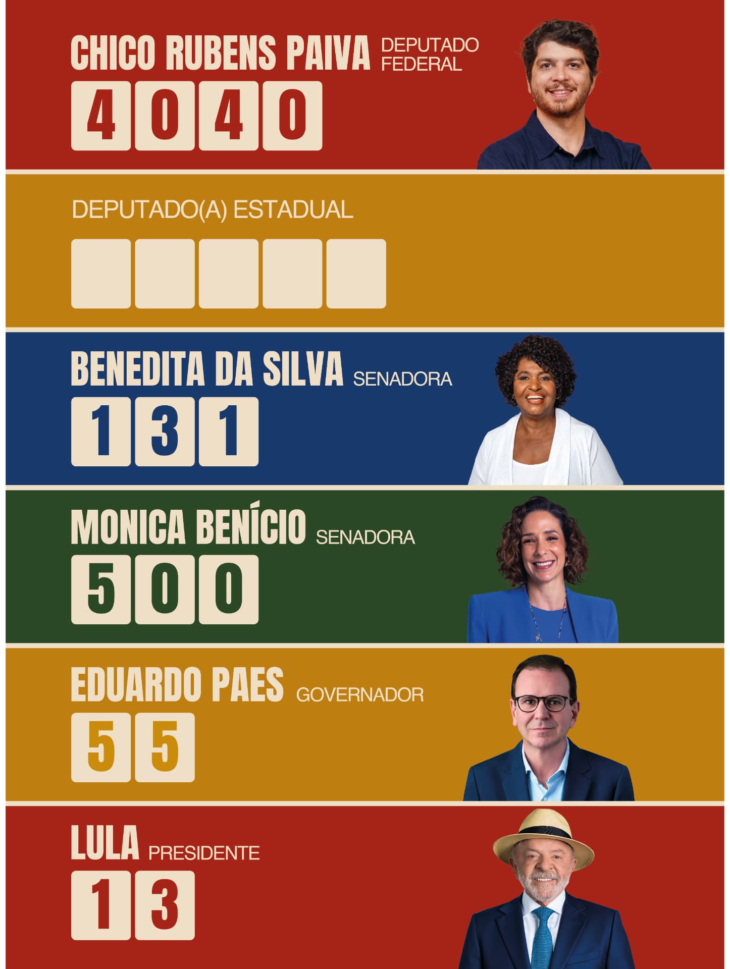 Colinha de voto com os números da chapa: Chico Rubens Paiva 4040 e aliados